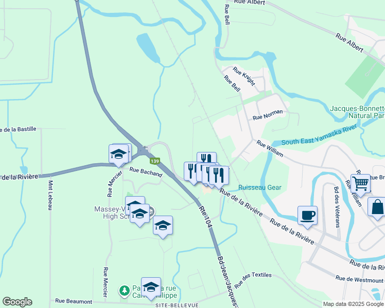 map of restaurants, bars, coffee shops, grocery stores, and more near Rue Hanson in Cowansville
