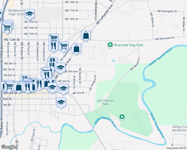 map of restaurants, bars, coffee shops, grocery stores, and more near 470 Northeast Oregon Street in McMinnville