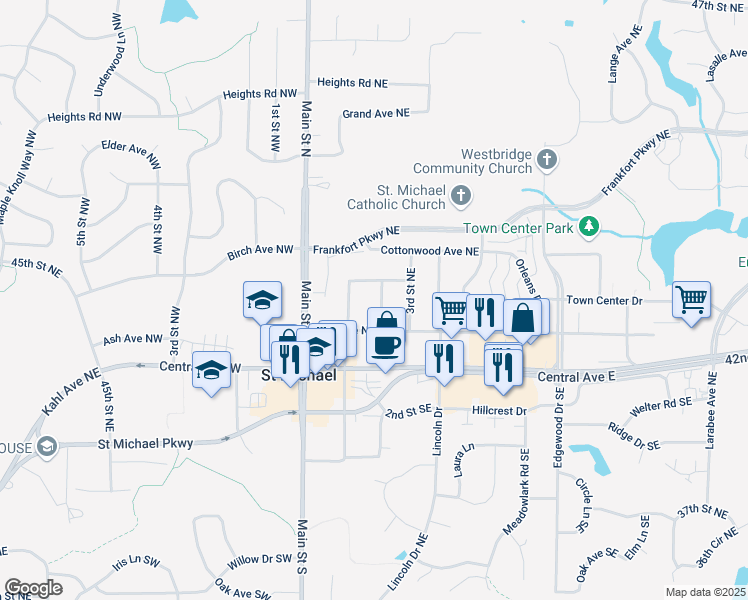 map of restaurants, bars, coffee shops, grocery stores, and more near 101 2nd Street Southeast in Saint Michael