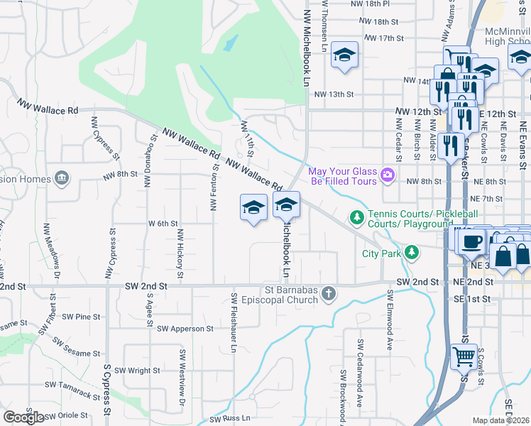 map of restaurants, bars, coffee shops, grocery stores, and more near 575 Northwest Michelbook Lane in McMinnville