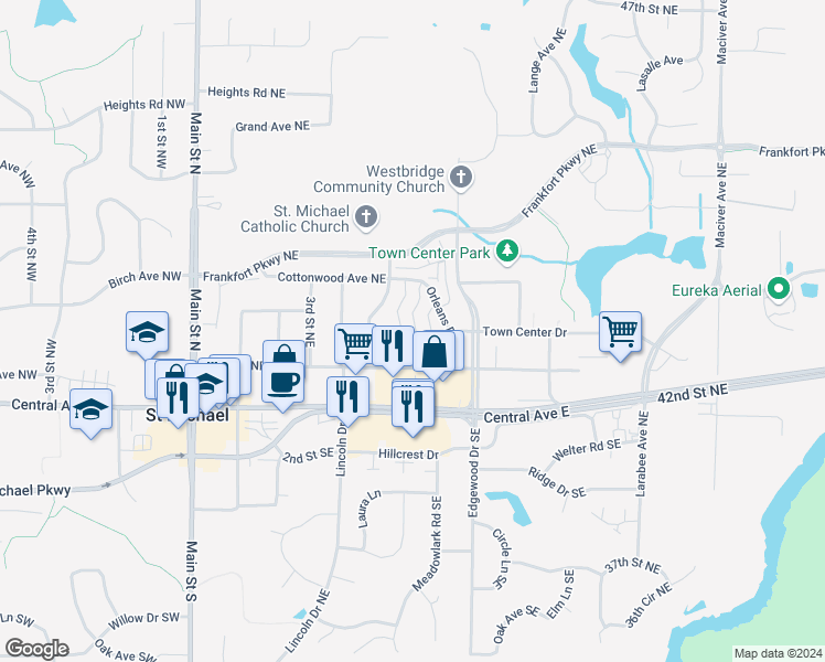 map of restaurants, bars, coffee shops, grocery stores, and more near 11402 Town Center Drive in Saint Michael