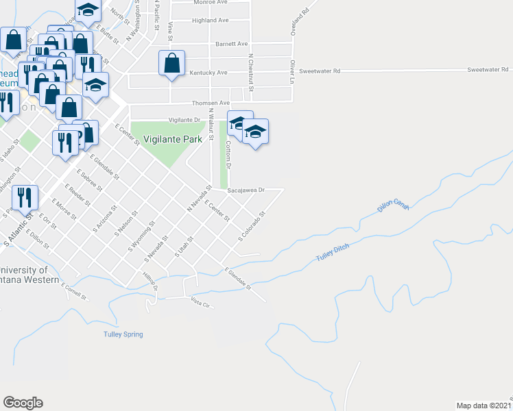 map of restaurants, bars, coffee shops, grocery stores, and more near 200 North Oregon Street in Dillon