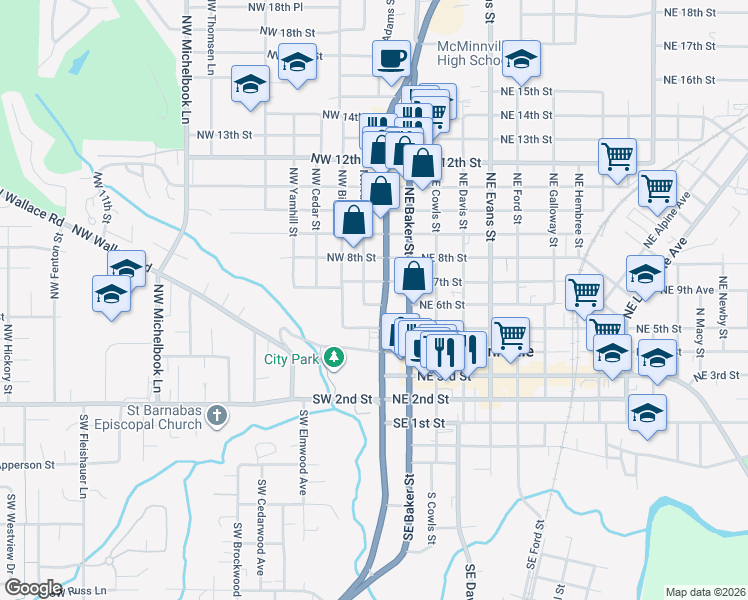 map of restaurants, bars, coffee shops, grocery stores, and more near 133 Northwest 7th Street in McMinnville