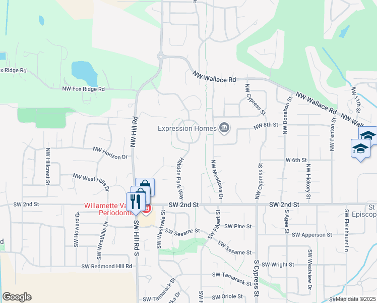 map of restaurants, bars, coffee shops, grocery stores, and more near Meadowood Circle in McMinnville