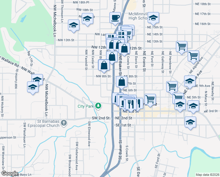 map of restaurants, bars, coffee shops, grocery stores, and more near 133 Northwest 7th Street in McMinnville