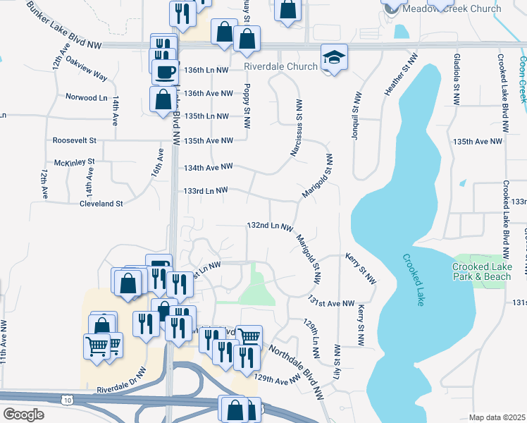 map of restaurants, bars, coffee shops, grocery stores, and more near 3404 133rd Lane Northwest in Andover