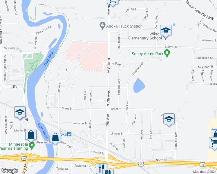 map of restaurants, bars, coffee shops, grocery stores, and more near 3201 North 7th Avenue in Anoka