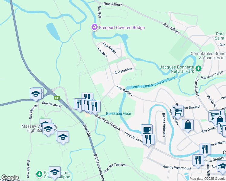 map of restaurants, bars, coffee shops, grocery stores, and more near 220 Rue Bell in Cowansville