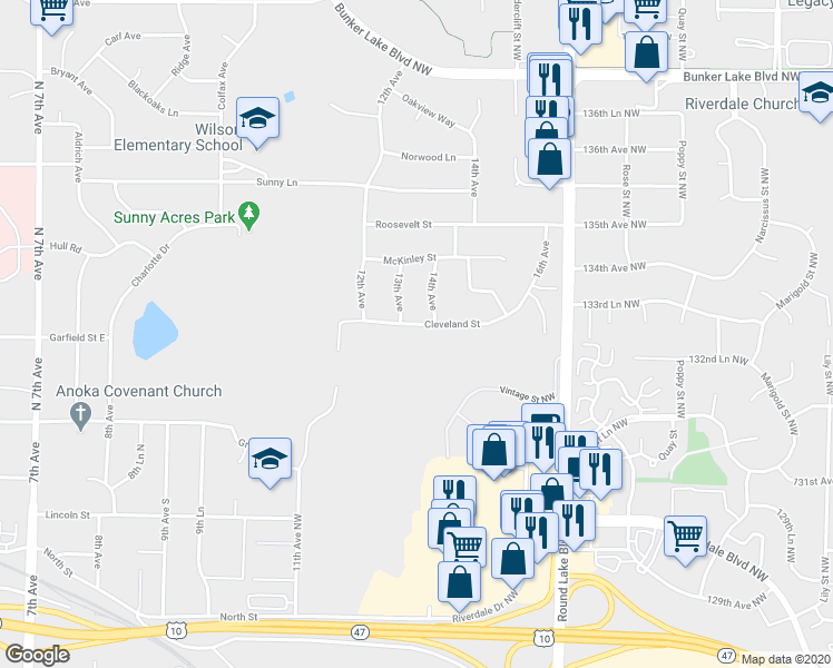 map of restaurants, bars, coffee shops, grocery stores, and more near 1318 Cleveland Street in Anoka