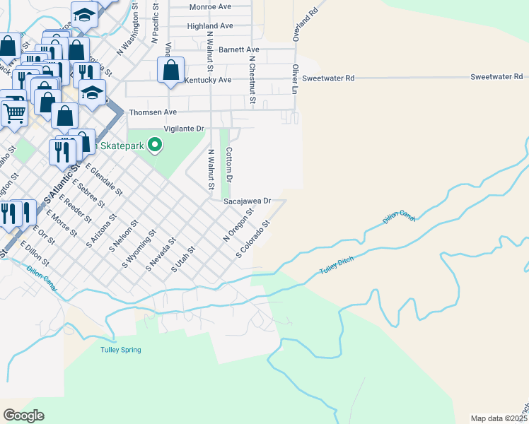map of restaurants, bars, coffee shops, grocery stores, and more near 200 North Oregon Street in Dillon