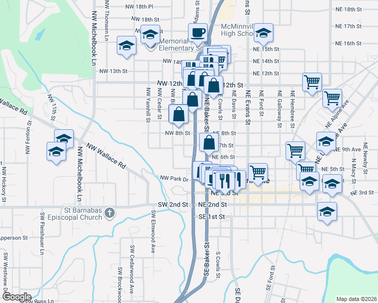 map of restaurants, bars, coffee shops, grocery stores, and more near 133 Northwest 7th Street in McMinnville