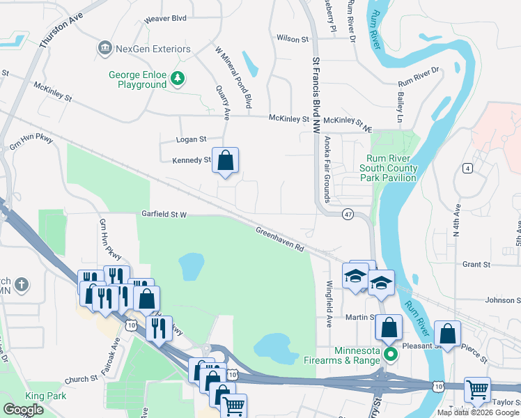 map of restaurants, bars, coffee shops, grocery stores, and more near 462 Zuni Street Northwest in Anoka