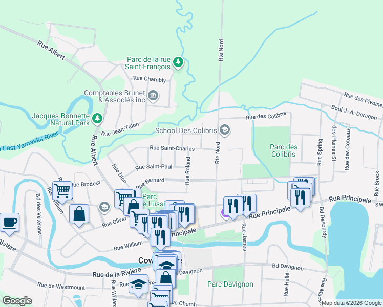 map of restaurants, bars, coffee shops, grocery stores, and more near 252 Rue Saint-Charles in Cowansville
