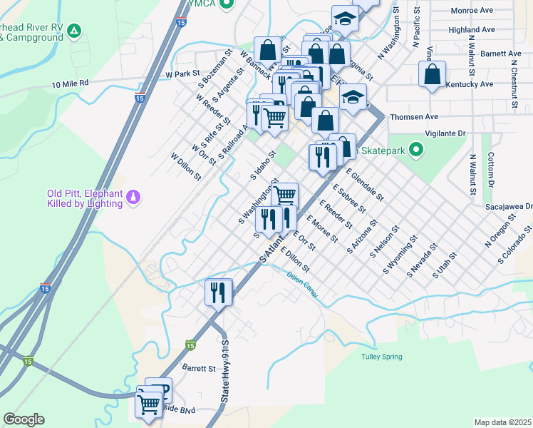 map of restaurants, bars, coffee shops, grocery stores, and more near 502 South Washington Street in Dillon