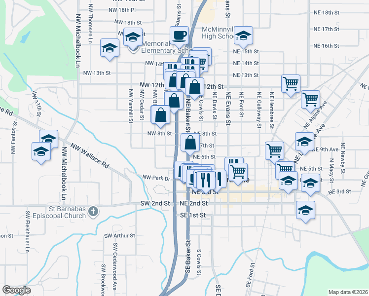 map of restaurants, bars, coffee shops, grocery stores, and more near 180 Northeast 7th Street in McMinnville