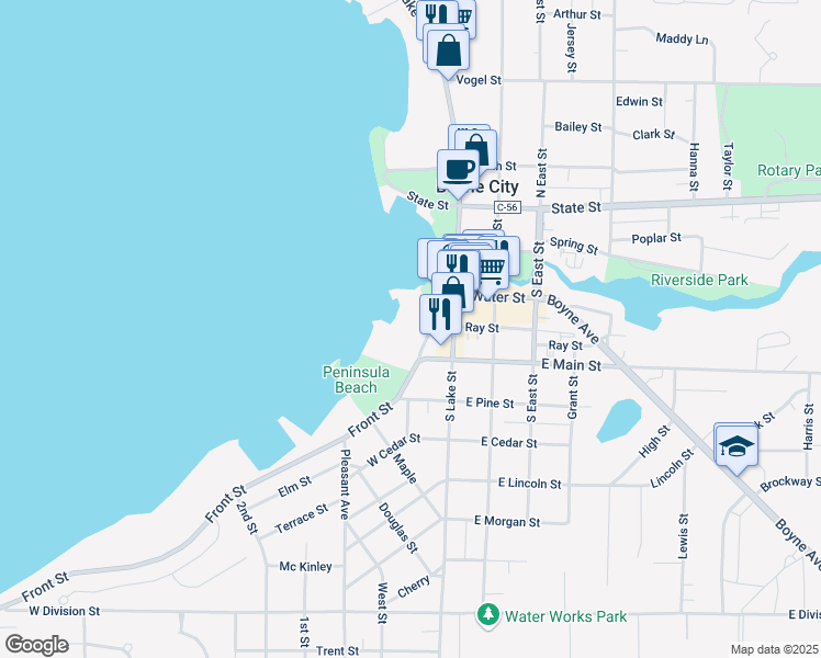 map of restaurants, bars, coffee shops, grocery stores, and more near 202 Front Street in Boyne City