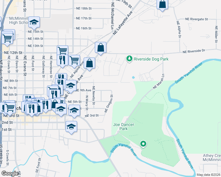 map of restaurants, bars, coffee shops, grocery stores, and more near 1549 Northeast 9th Street in McMinnville