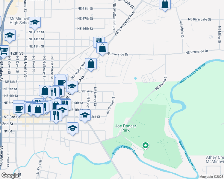 map of restaurants, bars, coffee shops, grocery stores, and more near 1608 Northeast 10th Avenue in McMinnville