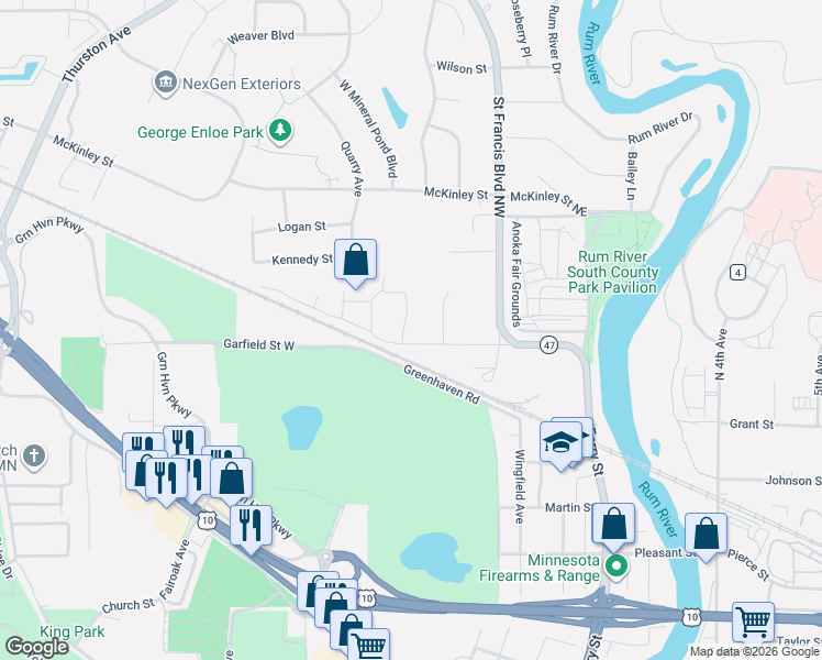 map of restaurants, bars, coffee shops, grocery stores, and more near 462 Zuni Street Northwest in Anoka