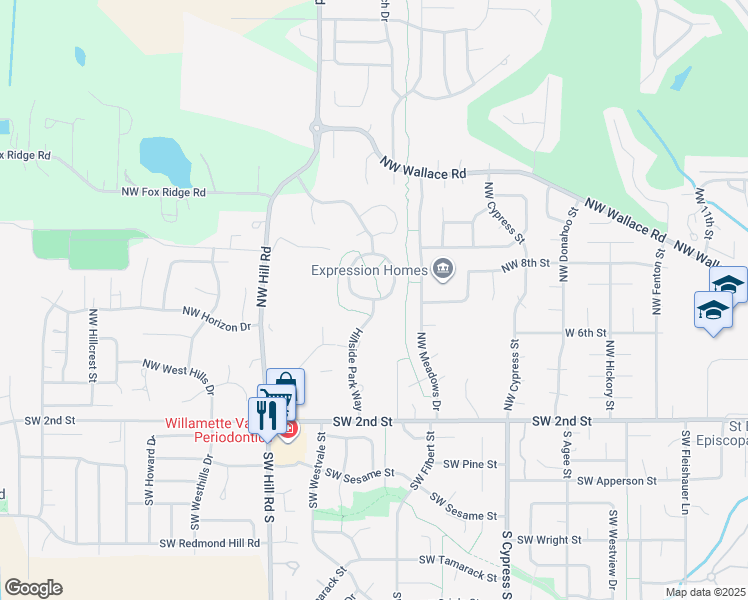 map of restaurants, bars, coffee shops, grocery stores, and more near Meadowood Circle in McMinnville