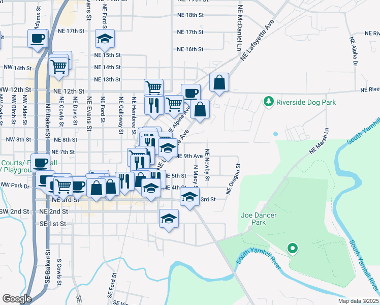 map of restaurants, bars, coffee shops, grocery stores, and more near 1217 Northeast 9th Street in McMinnville