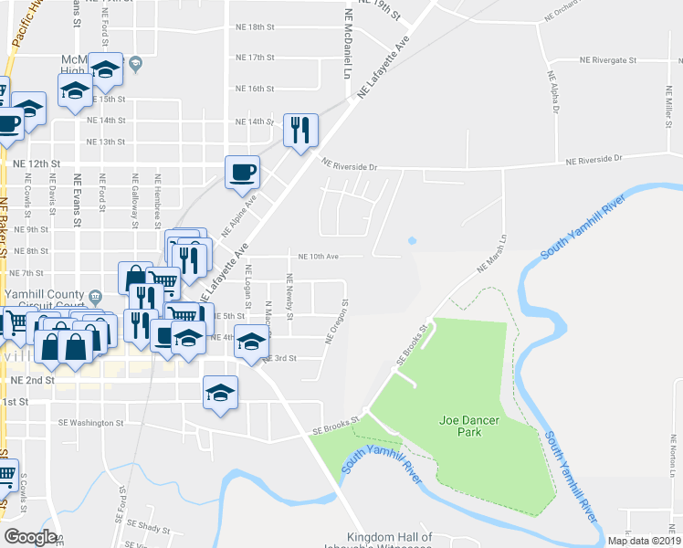 map of restaurants, bars, coffee shops, grocery stores, and more near 1549 Northeast 9th Street in McMinnville
