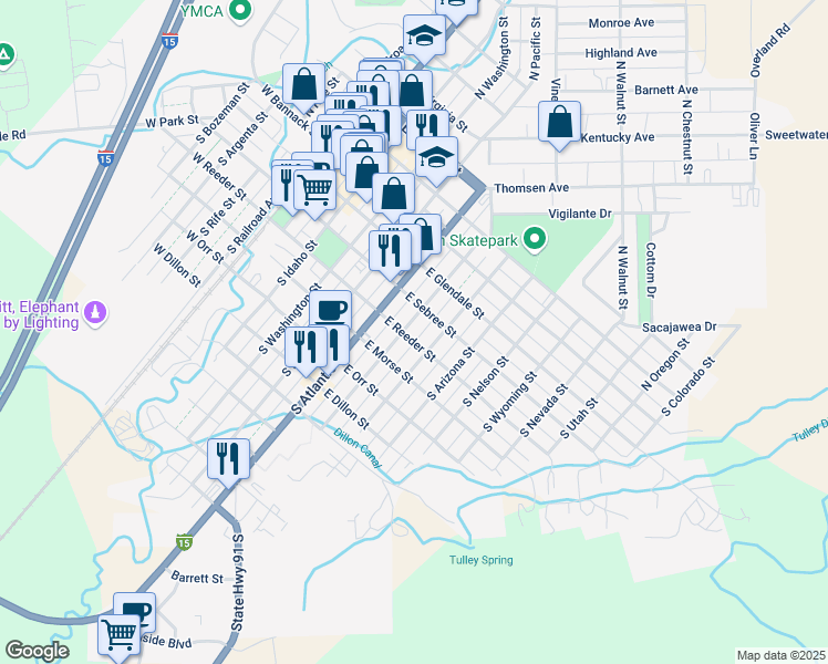 map of restaurants, bars, coffee shops, grocery stores, and more near 236 S Dakota St in Dillon