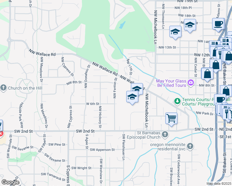map of restaurants, bars, coffee shops, grocery stores, and more near 672 Northwest Fenton Street in McMinnville