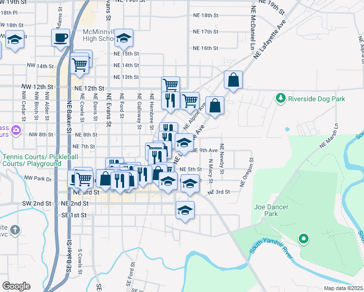 map of restaurants, bars, coffee shops, grocery stores, and more near 833 Northeast Lafayette Avenue in McMinnville