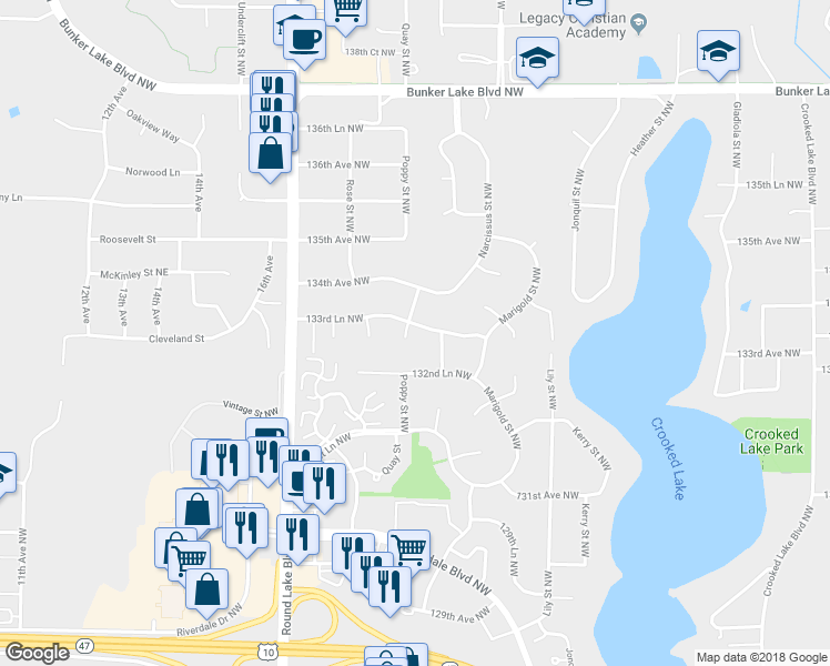 map of restaurants, bars, coffee shops, grocery stores, and more near 3404 133rd Lane Northwest in Andover