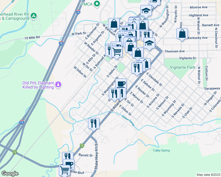 map of restaurants, bars, coffee shops, grocery stores, and more near 502 South Washington Street in Dillon