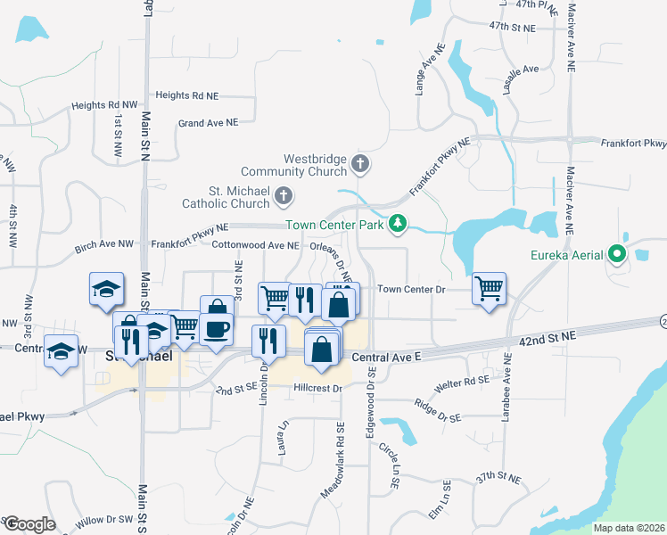 map of restaurants, bars, coffee shops, grocery stores, and more near 11498 Town Center Drive in Saint Michael