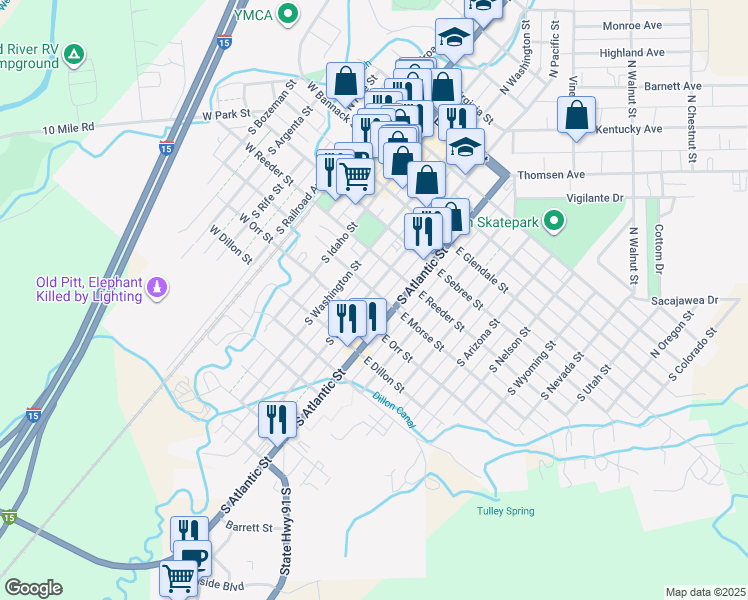 map of restaurants, bars, coffee shops, grocery stores, and more near 410 South Pacific Street in Dillon