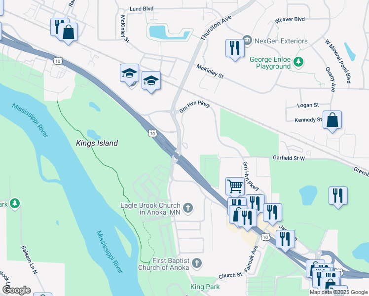 map of restaurants, bars, coffee shops, grocery stores, and more near 1055 West Main Street in Anoka