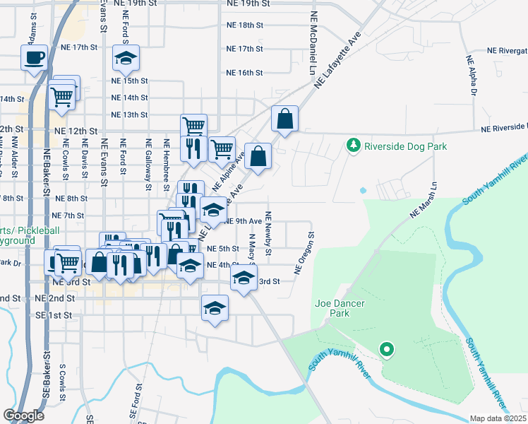 map of restaurants, bars, coffee shops, grocery stores, and more near 947 Northeast Newby Street in McMinnville