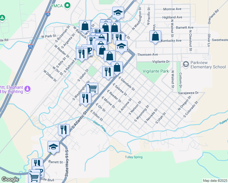 map of restaurants, bars, coffee shops, grocery stores, and more near 236 South Dakota Street in Dillon