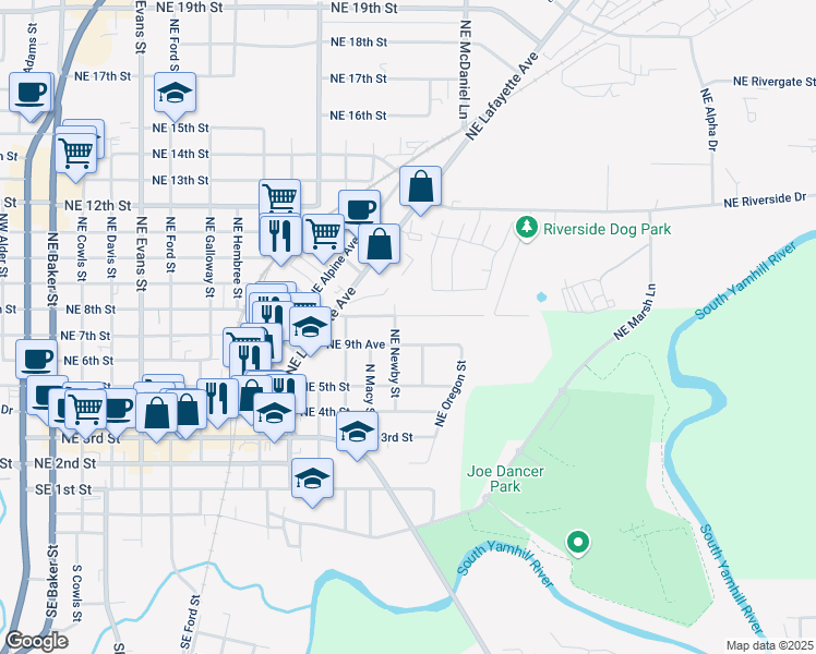 map of restaurants, bars, coffee shops, grocery stores, and more near 947 Northeast Newby Street in McMinnville