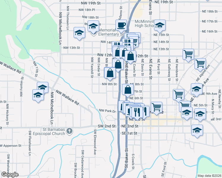 map of restaurants, bars, coffee shops, grocery stores, and more near 133 Northwest 7th Street in McMinnville