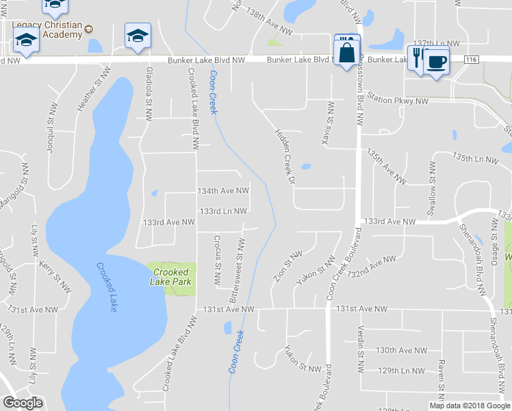 map of restaurants, bars, coffee shops, grocery stores, and more near 13323 Arrowhead Street Northwest in Andover