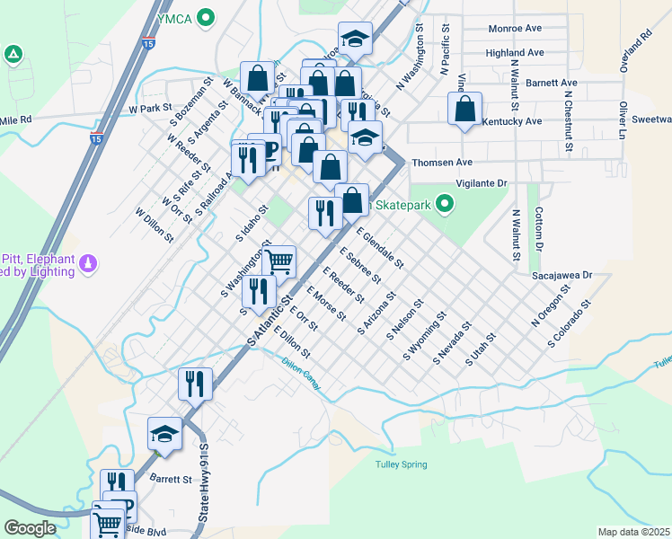 map of restaurants, bars, coffee shops, grocery stores, and more near 236 South Dakota Street in Dillon