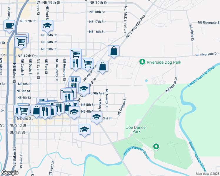 map of restaurants, bars, coffee shops, grocery stores, and more near 947 Northeast Newby Street in McMinnville