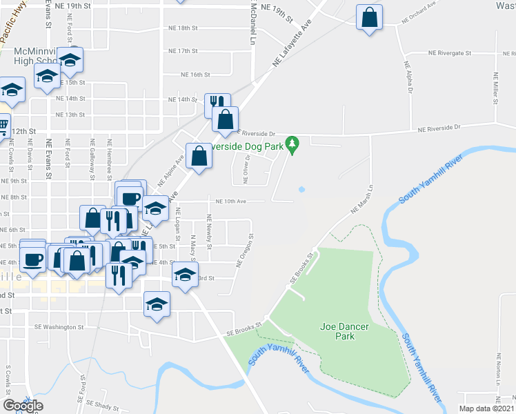 map of restaurants, bars, coffee shops, grocery stores, and more near 1608 Northeast 10th Avenue in McMinnville
