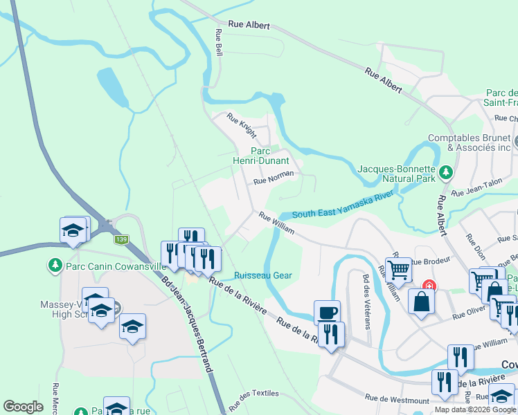 map of restaurants, bars, coffee shops, grocery stores, and more near 306 Rue William in Cowansville