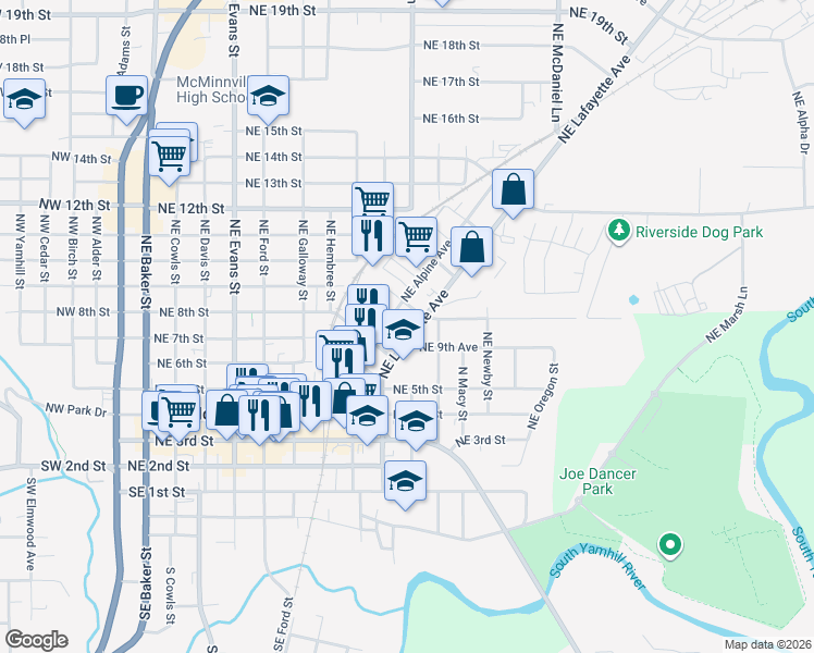 map of restaurants, bars, coffee shops, grocery stores, and more near 915 Northeast Lafayette Avenue in McMinnville
