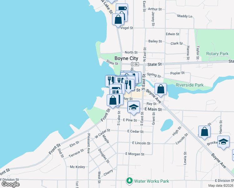 map of restaurants, bars, coffee shops, grocery stores, and more near 116 South Lake Street in Boyne City