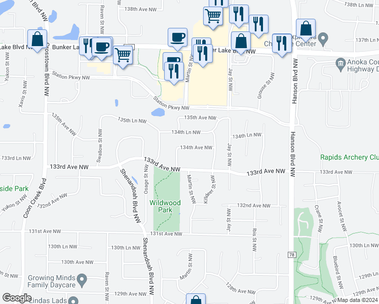 map of restaurants, bars, coffee shops, grocery stores, and more near 1934 134th Avenue Northwest in Andover