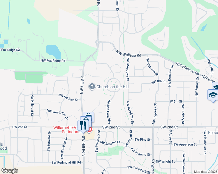 map of restaurants, bars, coffee shops, grocery stores, and more near 851 Meadowood Circle in McMinnville