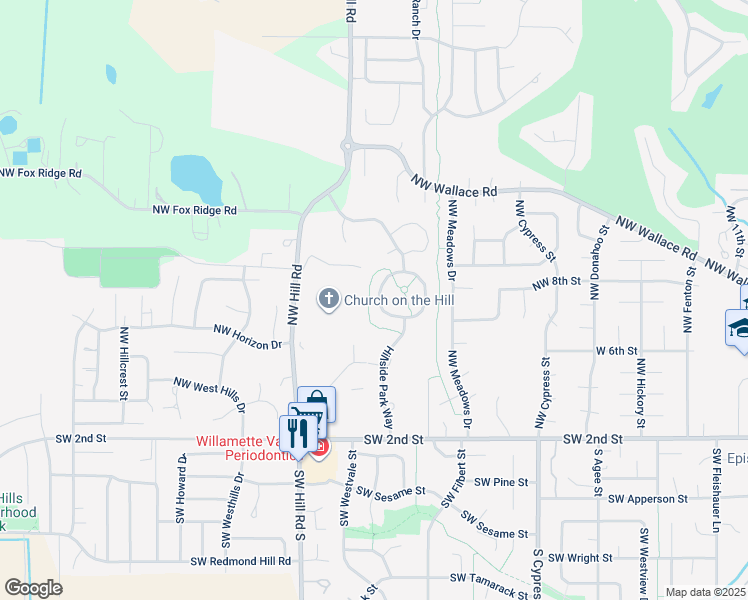 map of restaurants, bars, coffee shops, grocery stores, and more near 851 Meadowood Circle in McMinnville