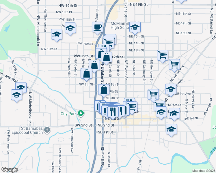 map of restaurants, bars, coffee shops, grocery stores, and more near 735 Northeast Cowls Street in McMinnville