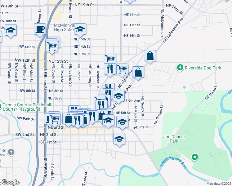 map of restaurants, bars, coffee shops, grocery stores, and more near 910 Northeast Alpine Avenue in McMinnville